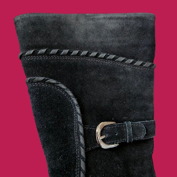 Y2K black Suede Buckle Boots US Size 6 Wedge Heels Mid Calf - Picture 3 of 8